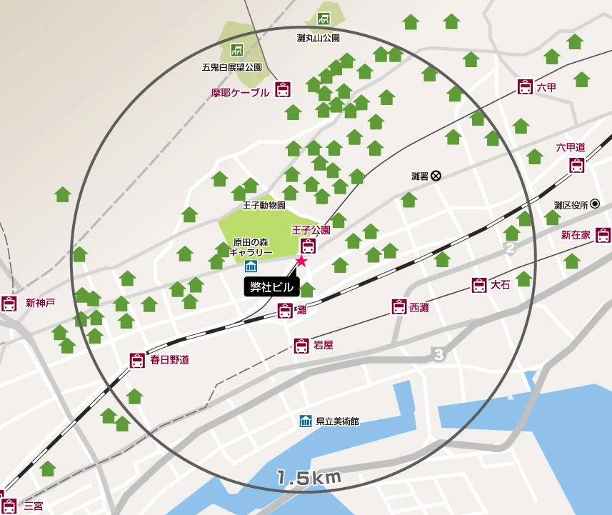 弊社ビルから1.5km圏内の施工実績マップ