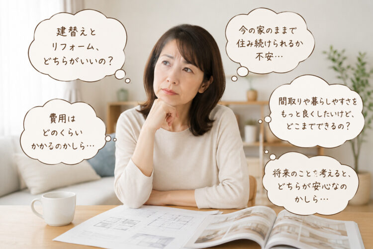 建替えとリフォームどちらがいいのか・費用はどのくらいかかるのか悩んでいる40~50代の女性。