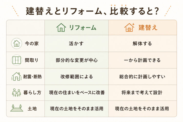 建替えとリフォームの比較表 建替えとリフォームの違いを比較した表。今の家、間取り、耐震・断熱、暮らし方、土地について比較