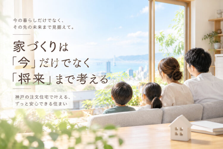 将来の暮らしまで見据えた家づくりをイメージした、神戸の街を眺める家族4人のリビング風景